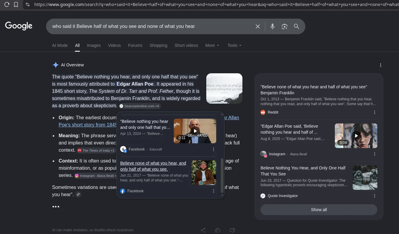 google citing facebook post as source for ai overview